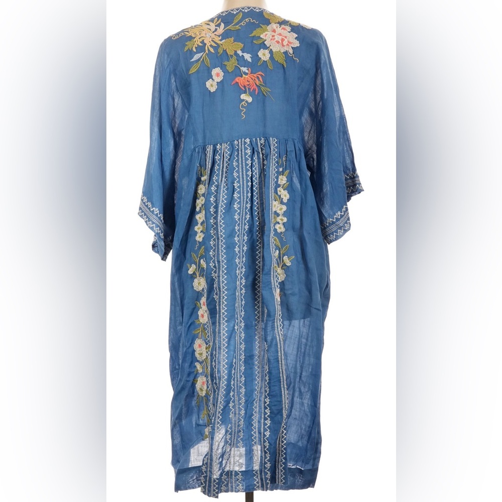 🌺 Johnny Was Nalina Kimono Dress L Blue Floral Embroidered Boho Ramie W37123-2 - Picture 5 of 7